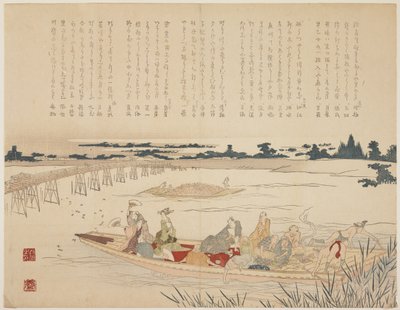 Firefly Viewing Party, ca. 1818-29 (farget treblokktrykk, karazuri på elvedelen) av Japanese School