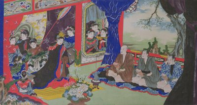 Fiskere som viser penisene sine til keiserinnen og hoffet hennes, fra en erotisk historie om fiskere som ble forliste på en øy bebodd av kvinner (håndfarget gravering) av Japanese School
