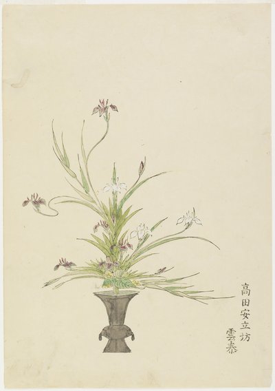 Blomsterarrangement av Takada Anritsub? Untai, iris (håndfarget treblokktrykk) av Japanese School