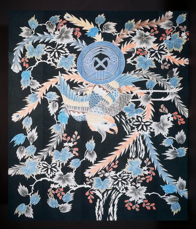Futonji sengeteppe med motiver av phoenix, paulownia og påskeliljer, bomull, fargestoff med indigo, pigment og blekk av Japanese School