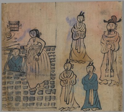 Sjangerscene, 1 av 4 (blekk og farge på papir) av Japanese School