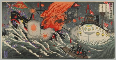 Great Sea Battle ved Weihaiwei, Meiji-tiden, 1895 (farget treblokktrykk) av Japanese School