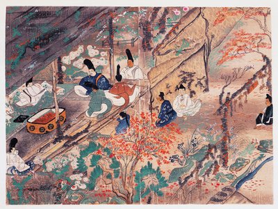 Heian statsmann og poet Sugawara Michizane (845-903), kjent som Tenjin-San (himmelsk ånd), i eksil i Kitano Tenman-Gu-helligdommen i Kyoto og deler klær donert av en gang keiser, Fujiwara Nobuzane (1176-1268), Kamakura periode (1185-1333), Japan av Japanese School