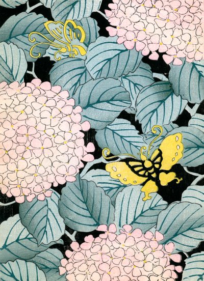 Hortensia og sommerfugler av Japanese School