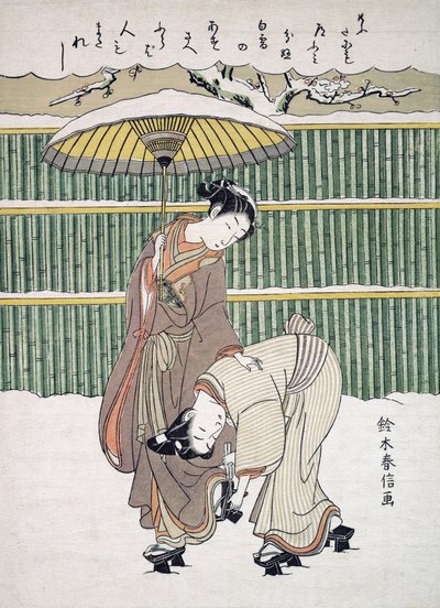 Japanske elskere som går i Snow, pub. C. 1768 av Japanese School