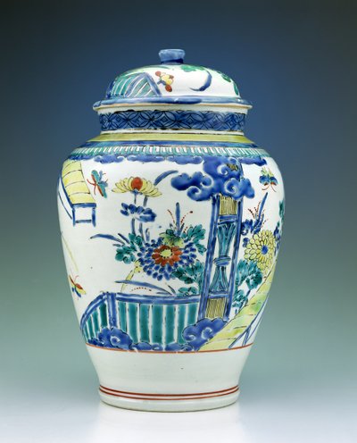 Krukke og deksel dekorert med Kakiemon-emaljer, ca. 1680 (porselen) av Japanese School