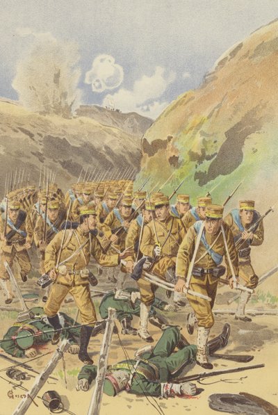 Løytnant Takagi ber brigadesjefen sin om tillatelse til å avansere (chromolitho) av Japanese School