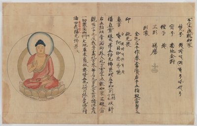 Manuskript og bilde av Buddha (blekk og farge på papir) av Japanese School