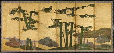 Moonlit Bamboo Grove, tidlig på 1500-tallet (par med seks panelskjermer; blekk, farge og gull på papir) av Japanese School