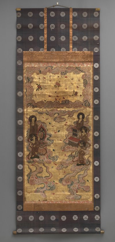 Veggmaleri: Nedstigning av tjuefem bodhisattvaer (deltakere av Amitabha-triaden), 1700-tallet (Triptyk hengende ruller: blekk, farge og gull blad på papir, messing) av Japanese School