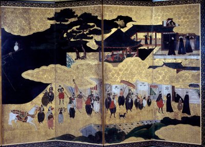 Namban Byobu-skjerm kalt "portugisisk": en representasjon av ankomsten av portugisiske jesuittmisjonærer til Japan på 1500-tallet. Realisert av Kano School. 17. århundre. Paris, Guimet-museet, Nasjonalmuseet for asiatisk kunst av Japanese School