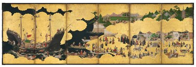Nanban seksdelt skjerm som viser ankomsten til et portugisisk skip for handel, Edo-perioden av Japanese School