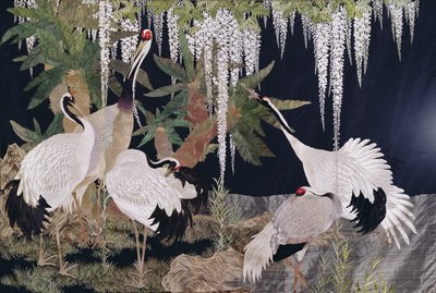 Håndarbeid hengende med kraner, cycader og blåregn (tekstil) av Japanese School