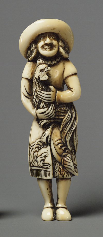 Netsuke modellerte som utlending med kirin, 1800-tallet (elfenben) av Japanese School