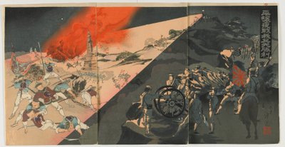 Night Battle at Pingyang, Meiji-tiden, 1894 (farget treblokktrykk) av Japanese School