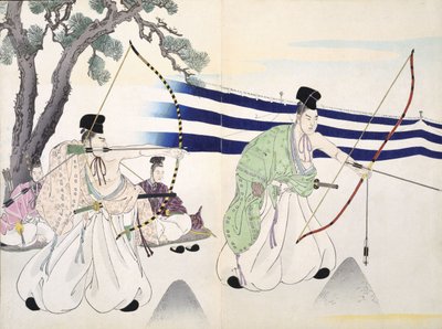 Adelsmenn øver bueskyting (detalj se 255314), 1800-tallet, fra et album med tresnitt, farget treblokktrykk av Japanese School