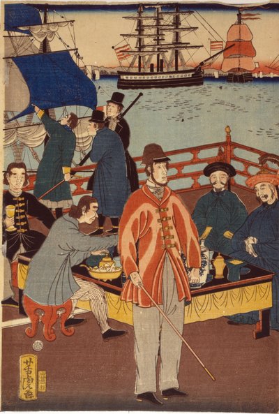 Ett trykk av triptyk som viser europeiske kjøpmenn som tar en forfriskning med japansk. I bakgrunnen er skip i Yokohama havn, Japan av Japanese School