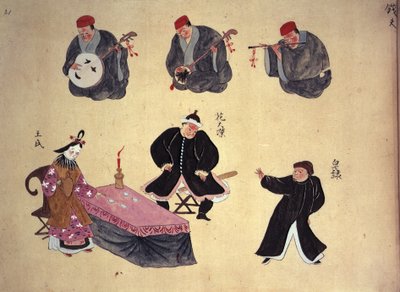Or.961 fol.21 Musicians and Performers, fra 'Musical Performances of Ryukyu', ca. 1800-50 (vellum) av Japanese School