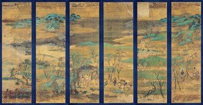 Paysage (Landskap) Skjerm i seks paneler - Anonymt arbeid, gouache på silke av Japanese School