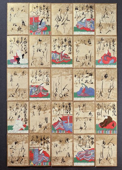 Spillekort med 100 poeter og dikt, solgt på Exposition Universelle i Paris i 1867 (penn og blekk på papir) av Japanese School