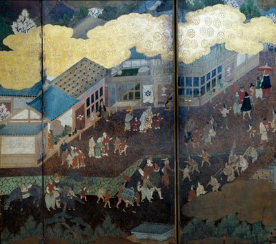 "Portugisisk" skjerm: en representasjon av ankomsten av portugisiske jesuittmisjonærer til Japan på 1500-tallet. Detalj. Realisert av Kanoskolen (?). 1593-1600. Lisboas museum for antikk kunst av Japanese School