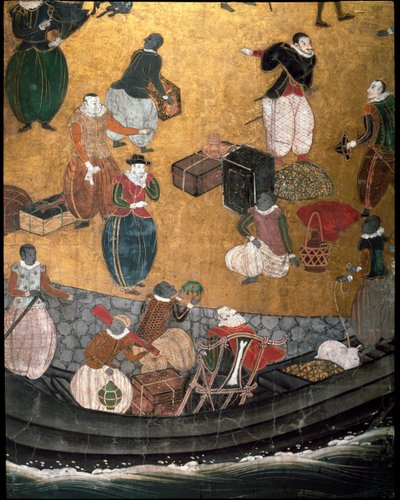 "Portugisisk" skjerm som representerer ankomsten av jesuittiske portugisiske misjonærer til Japan på 1500-tallet - 1590-1614 - Detalj som representerer barken av matvarer - Namban School av Japanese School