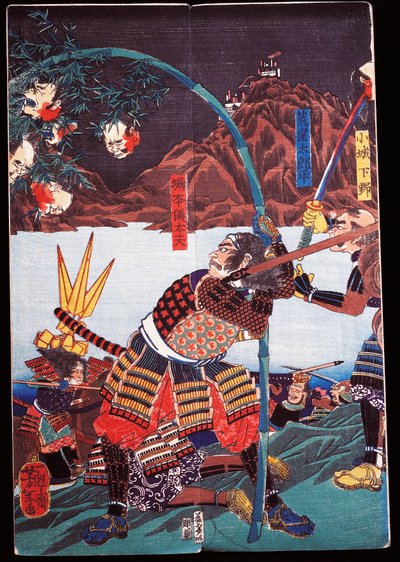 Samurai viser avkuttede hoder av fiendene sine på bambusstokker, sewamono (hjemmelek) av Japanese School