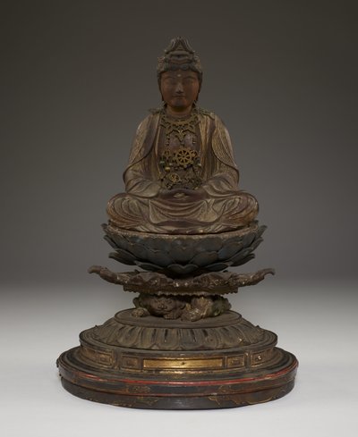 Sittende Miroku Bosatsu (polykromt tre med krystall, metall og bladgull) av Japanese School