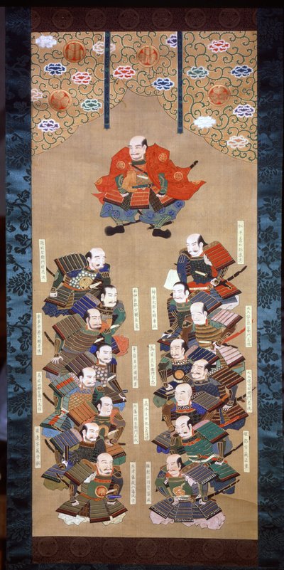 Shogun fra Tokugawa-familien med de 16 adelige samuraiene, 1600-tallet av Japanese School