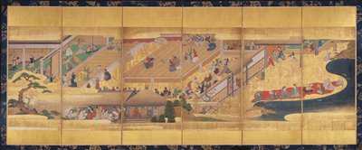 Seksfolds skjerm med Noh Play Funa-Benkei, c.1660 (farge, gofun & blekk & gull på papir) av Japanese School