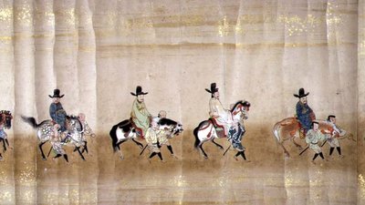 Sjette koreanske ambassade til Japan i Meireki 1 på tidspunktet for Tokugawa Ietsunas arvefølge i 1651, muligens av Kano Masunobu (1625-94) (rullemaleri) (detalj) av Japanese School