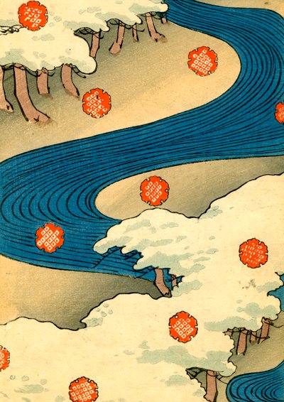 Snøfnugg som faller i et elvelandskap av Japanese School