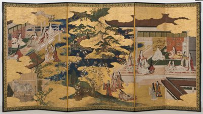 Spring in the Palace, seksdobbel skjerm fra The Tale of Genji, ca. 1650 (blekk, farger og gull på papir) av Japanese School