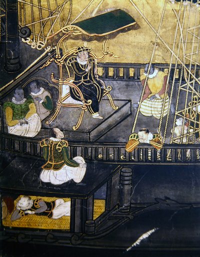Portugisernes ankomst til Japan, detalj som viser menn i den sentrale delen av et skip, fra en Namban Byobu-skjerm, 1594-1618 av Japanese School