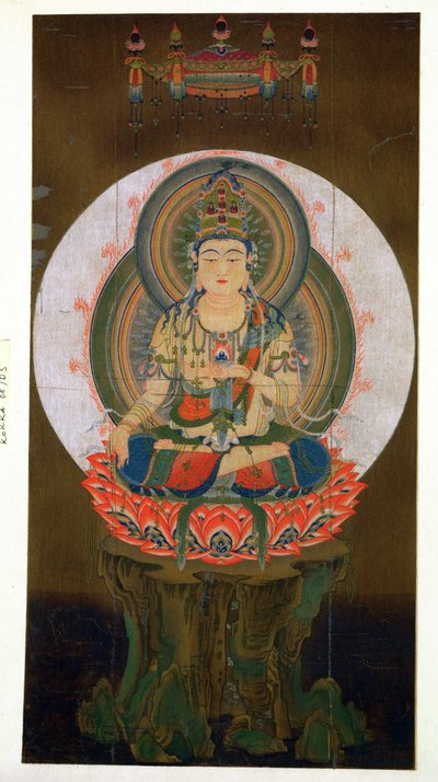 Bodhisattva Akasharba holder Cintamani (ønskegivende) juvelen i venstre hånd og sitter på en lotus, illustrasjon etter en kakemono fra det 9. århundre fra tempelet til Daigo, publisert i Th. av Japanese School