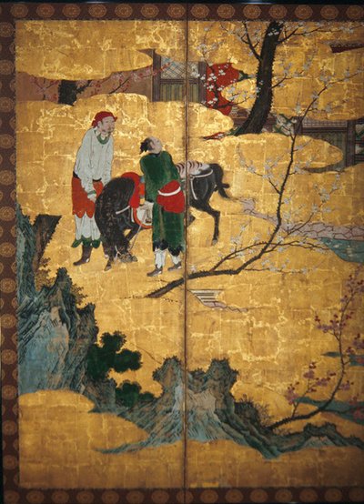 Rettsbesøket til de fire vismennene på Mount Shang; Su Shis-besøk til vind- og vannhulen, detalj fra et par sammenleggbare skjermer med seks paneler, Momoyama-perioden (wc og gull på papir) av Japanese School