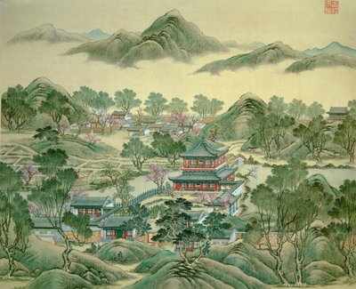 Detaljpaviljongen til et japansk trykk fra 1800-tallet. av Japanese School