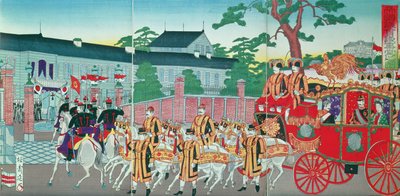 Keiseren Mutsuhito (1852-1912) vender tilbake til palasset sitt i Tokyo, sent på 1800-tallet (farget treblokktrykk) av Japanese School