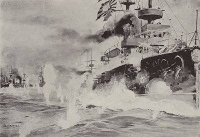 Mikasa kjemper tappert mot den russiske skvadronen utenfor Port Arthur 10. august (litho) av Japanese School