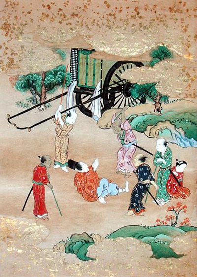 Munken Shogaku (1126-1235) blir angrepet av brigander (akvarell på papir) av Japanese School