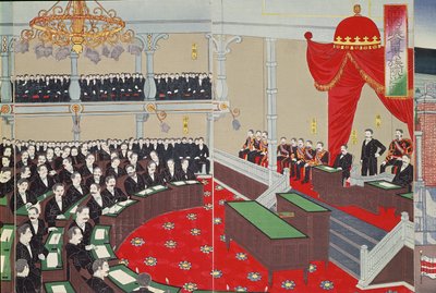 Parlamentet i Tokyo, slutten av det nittende århundre (farget treblokktrykk) av Japanese School