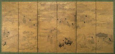 The Tale of Genji, sent på 1600- og tidlig på 1700-tallet (blekk med pigment og bladgull på glimmerpapir) (par av 171423) av Japanese School