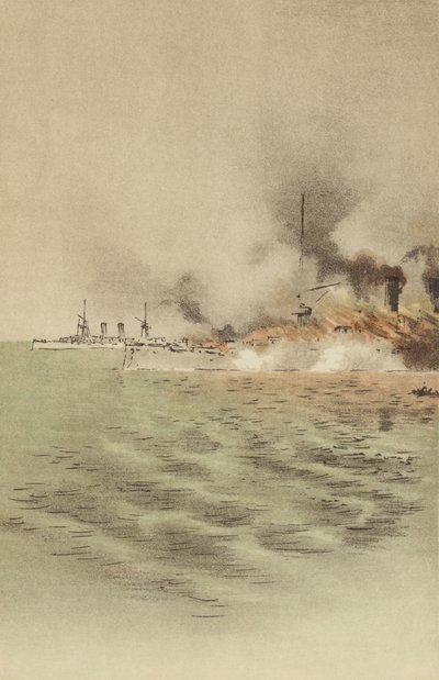 Varyag satt i brann av hennes eget mannskap for å forhindre fangst ved Chemulpo (chromolitho) av Japanese School