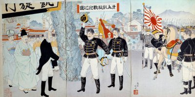 Fremveksten av Empire of Japan: representasjon av det tidligere japanske samfunnet på venstresiden basert på et feodalsystem og det nye til høyre, vendt mot utviklingen av de militære styrkene som ville føre Japan til kriger mot Kina og Russland. av Japanese School