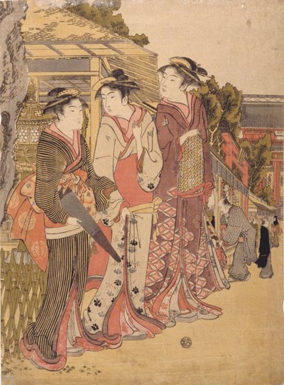 Three Beauties In The Marketplace (farget treblokktrykk) av Japanese School