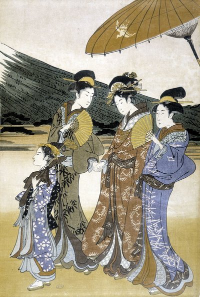 Tre kvinner og barn, japansk trykk av Japanese School