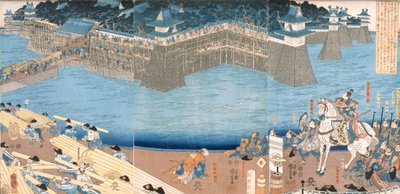 Triptyk som viser et fort som bygges ved elven Kunigos, Edo-perioden 1603-1868. av Japanese School