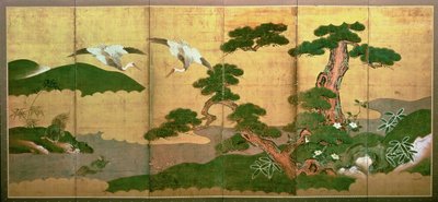 To kraner som dykker bak furu og steinved, Edo-perioden av Japanese School