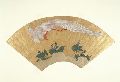 Umontert vifte: Fugledykking på snødekt bambus, ca. 1700-60 (gull og wc på papir) av Japanese School