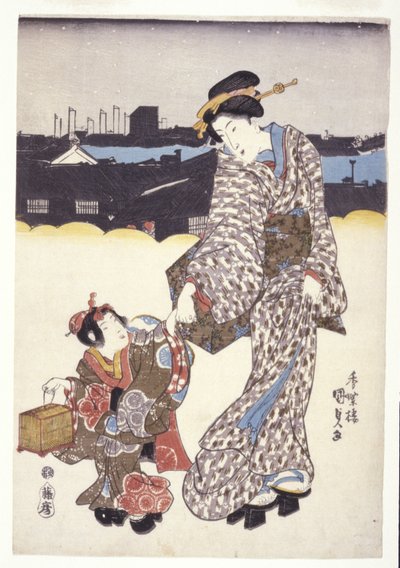 Uten tittel (A Woman And Child) (fargetresnitt) av Japanese School